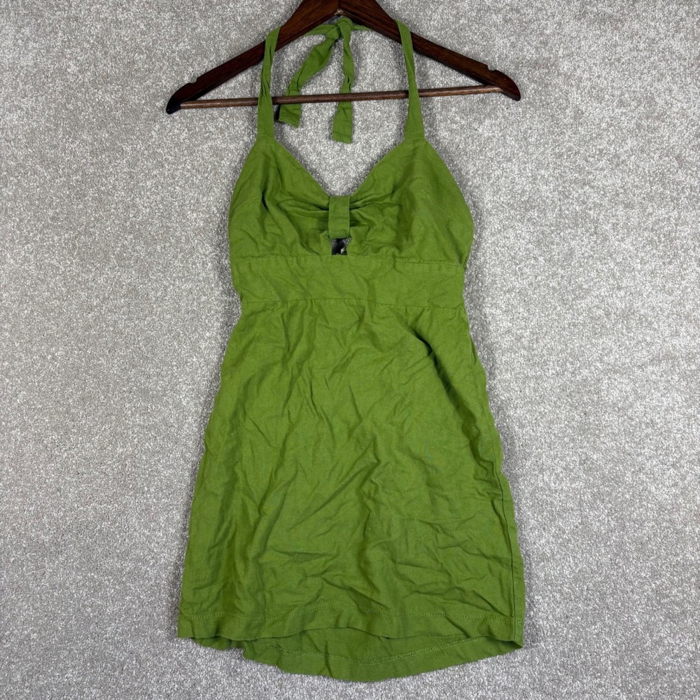 Monteau Los Angeles Green Halter Mini Dress Smocked Back Keyhole Size Small